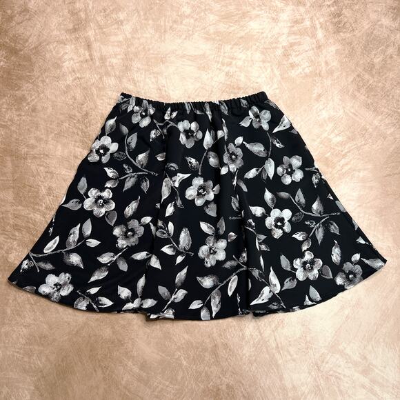 Vintage 90s Floral Mini Skirt Black White Elastic Waist Whimsigoth Goth Rococo - Picture 1 of 5